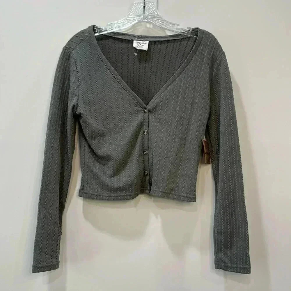One Step Up Gray Cropped Cable Knit Cardigan Sweater - Size M